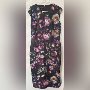 Ted Baker Black Floral Midi Sheath Dress with Purple and Pink Accents